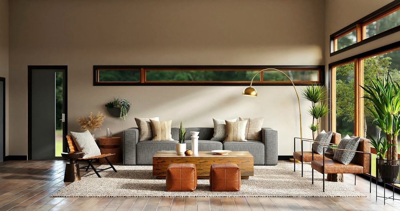 Open-plan living room opening onto greenery